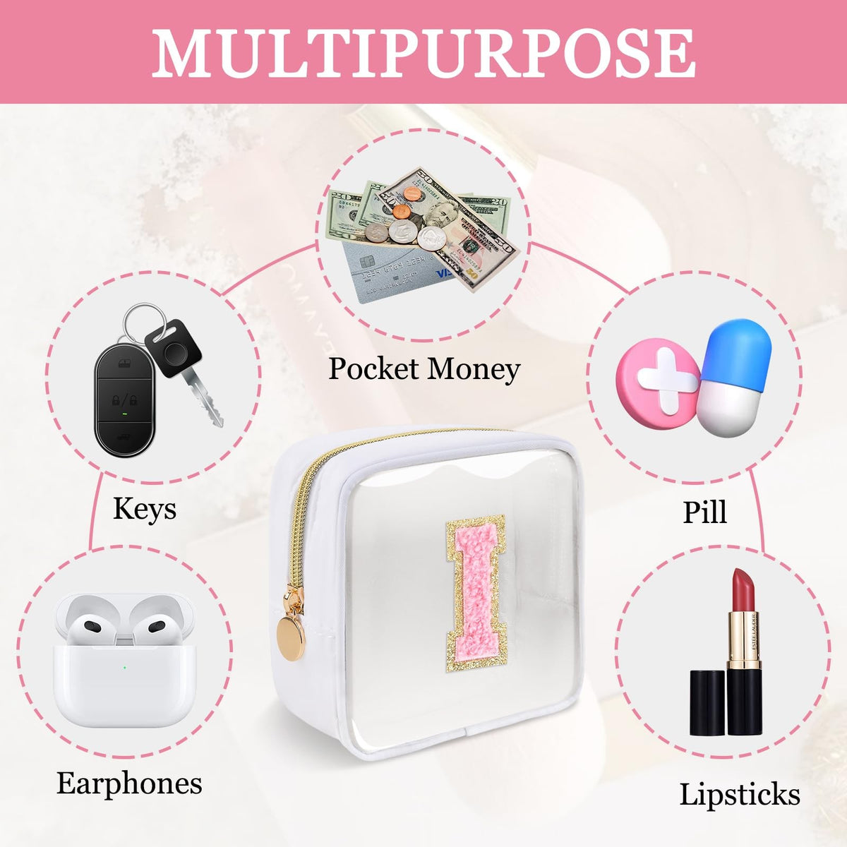 Personalized Clear Makeup Bag with Initials - Waterproof Nylon Compact Organizer