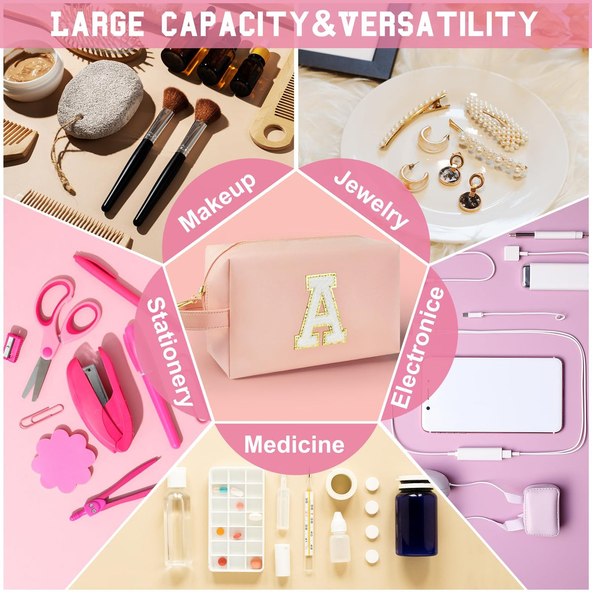 Personalized Initial Makeup Bag with Handle - Waterproof PU Leather Cosmetic Organizer