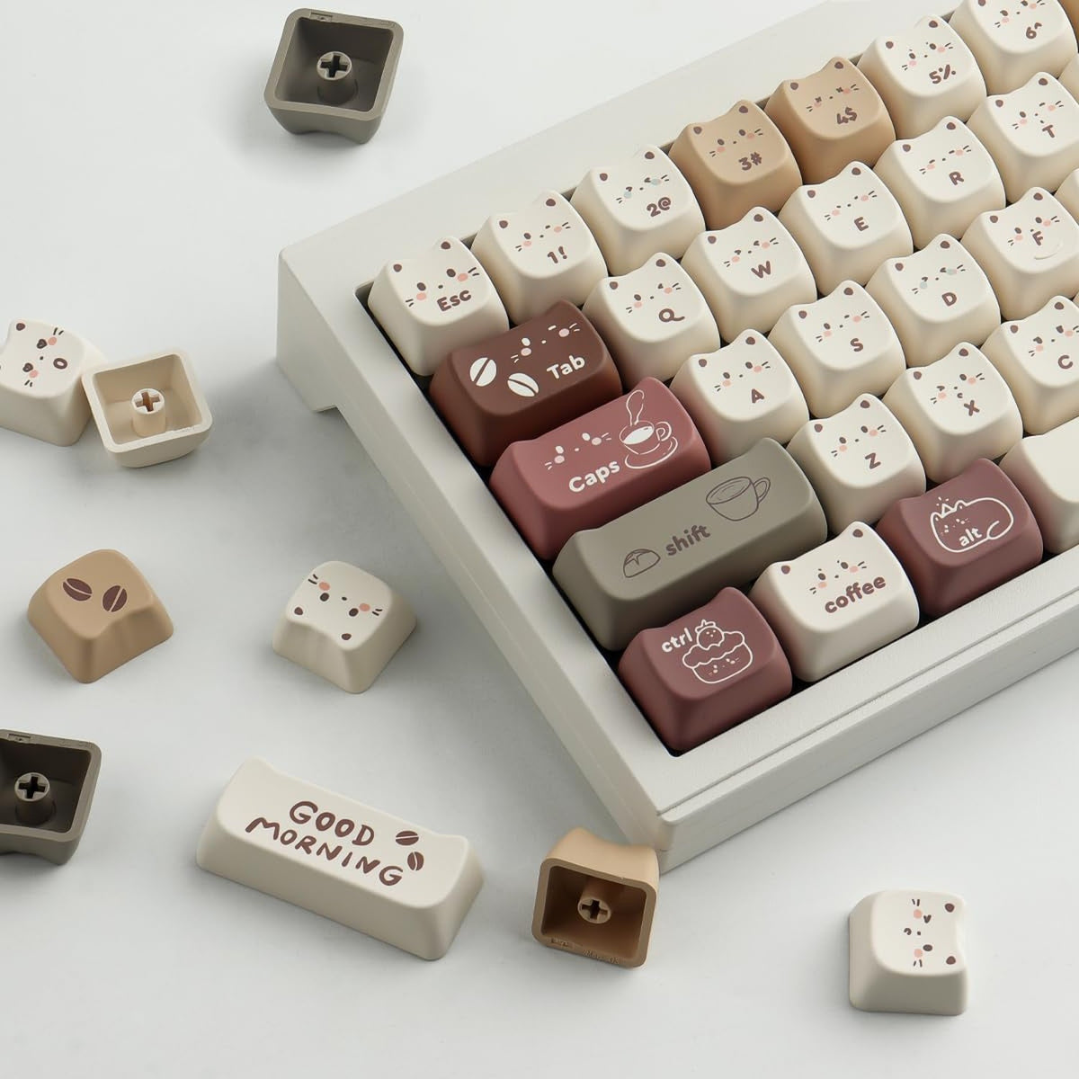 PBT Keycap Set 142 Keys Coffee Cat Themed Mechanical Keyboard Accessories