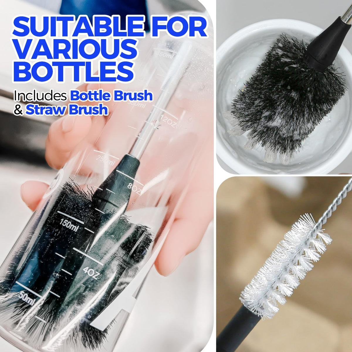 14-Inch Stainless Steel Bottle Brush Set with Long Handle & Straw Cleaners