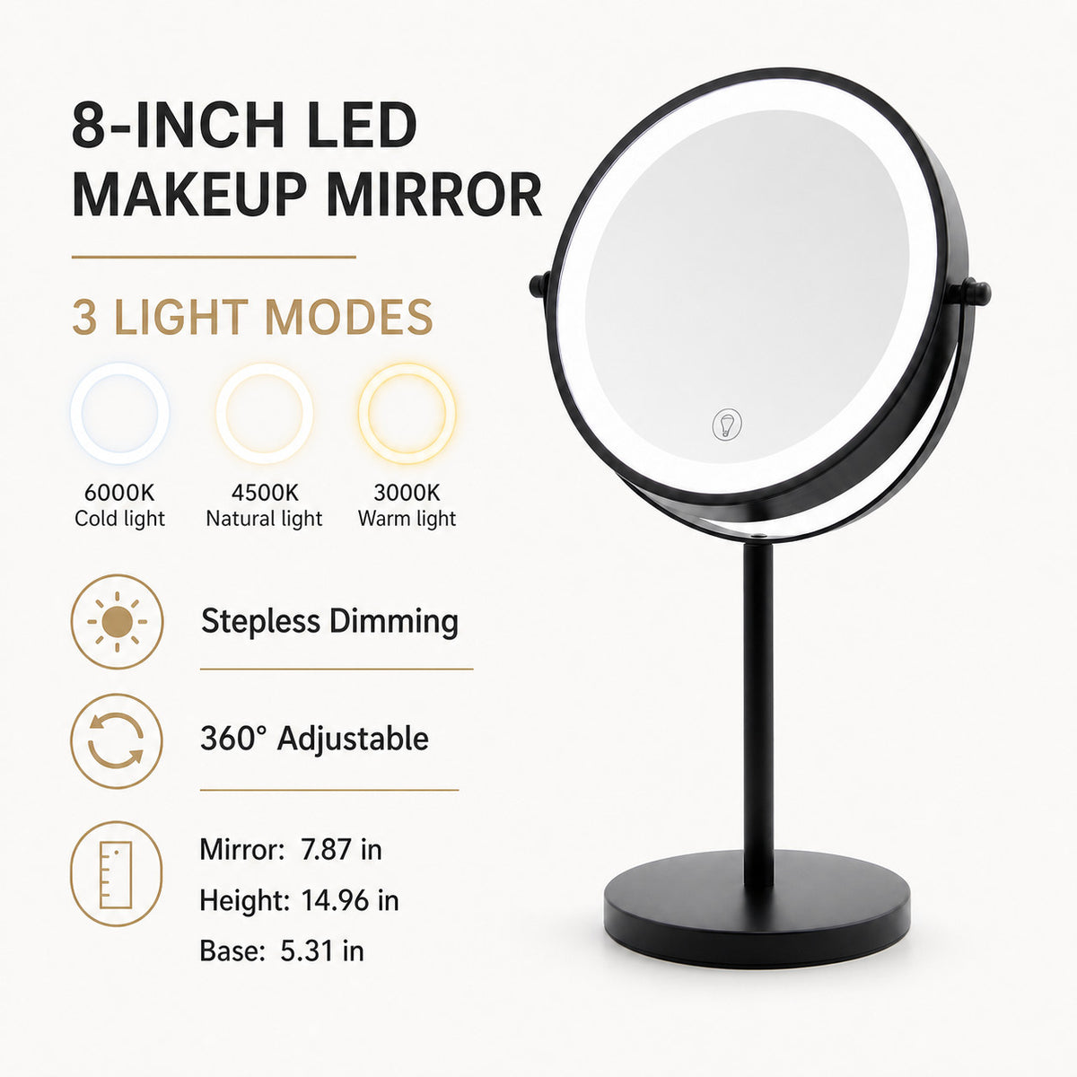 8-Inch LED Makeup Mirror with 3 Light Modes, Dimmable, Double-Sided