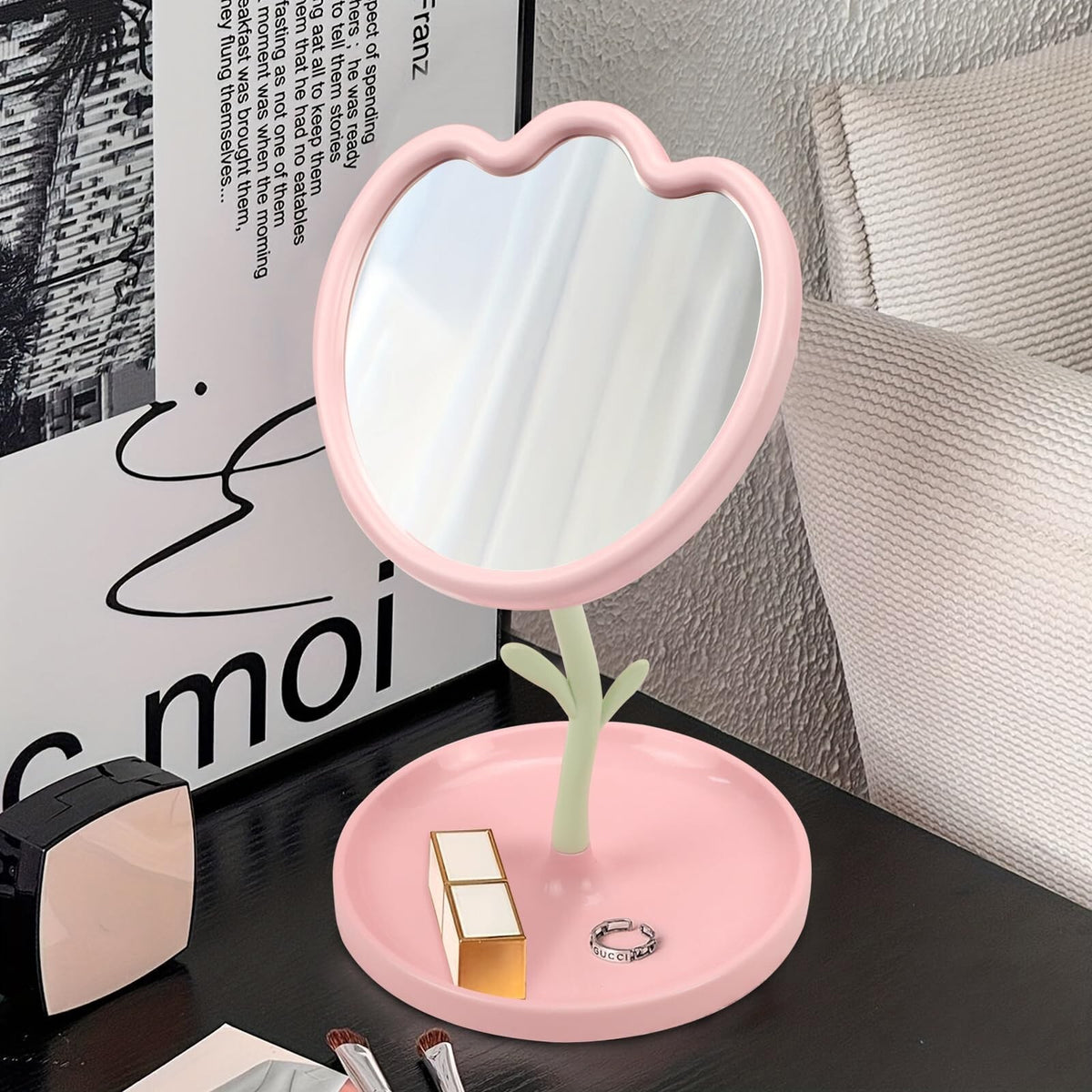 Flower Shaped Tabletop Vanity Mirror with Tray - Pink Compact Makeup Mirror