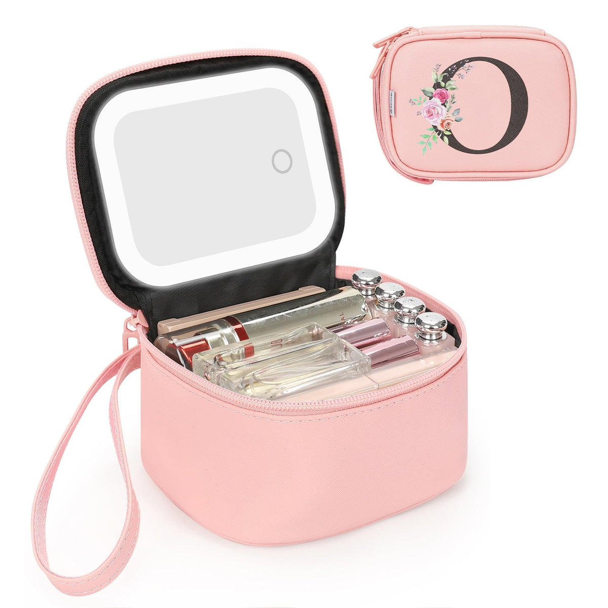 Personalized Mini Makeup Bag with LED Mirror - Initial Cosmetic Travel Pouch