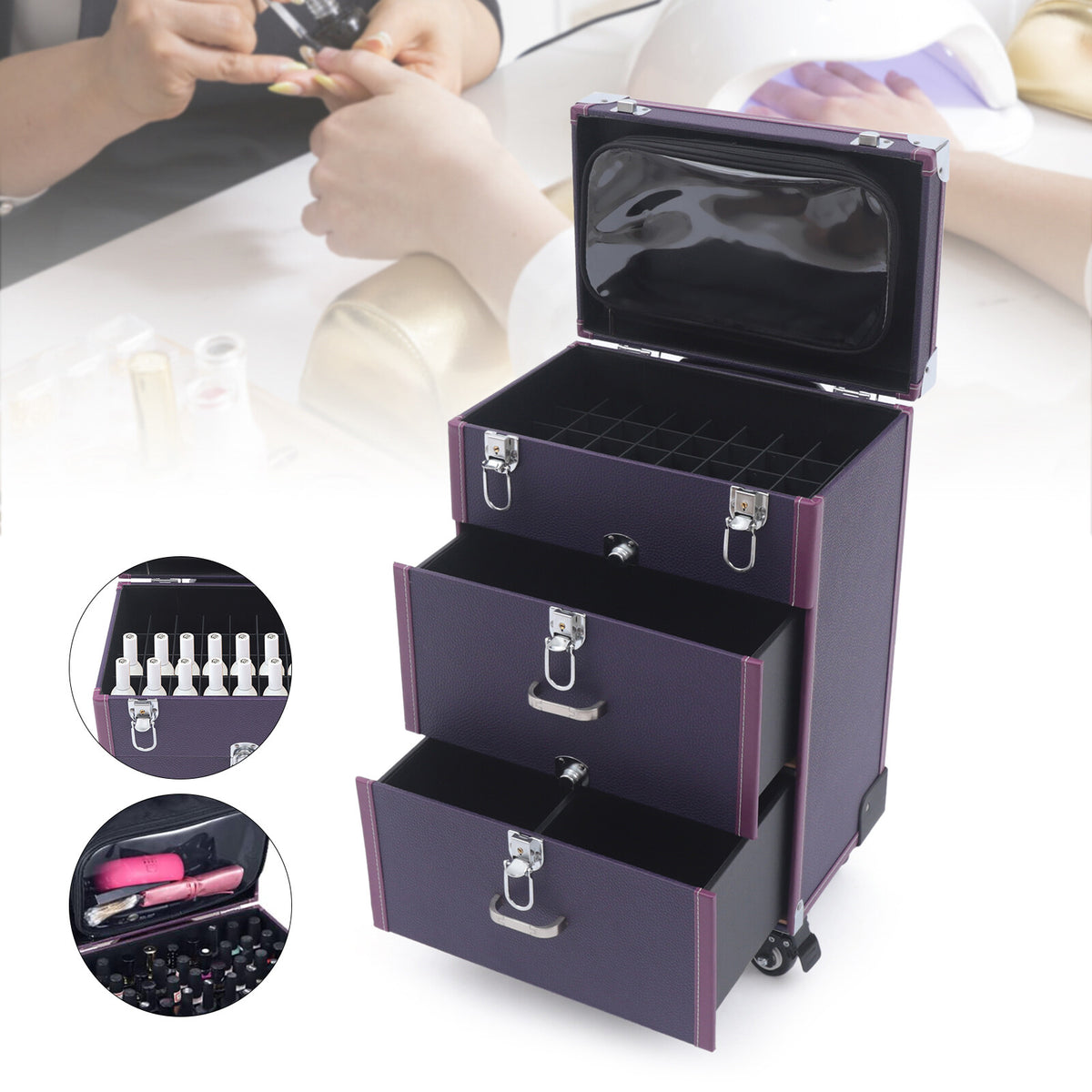Rolling Makeup Train Case with 4 Wheels and Large Storage - Purple