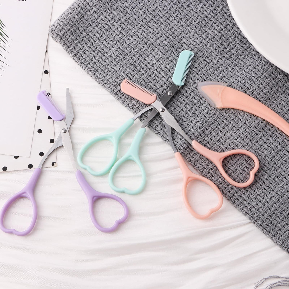 Eyebrow Scissors with Razor and Comb, Light Pink, Green, Purple