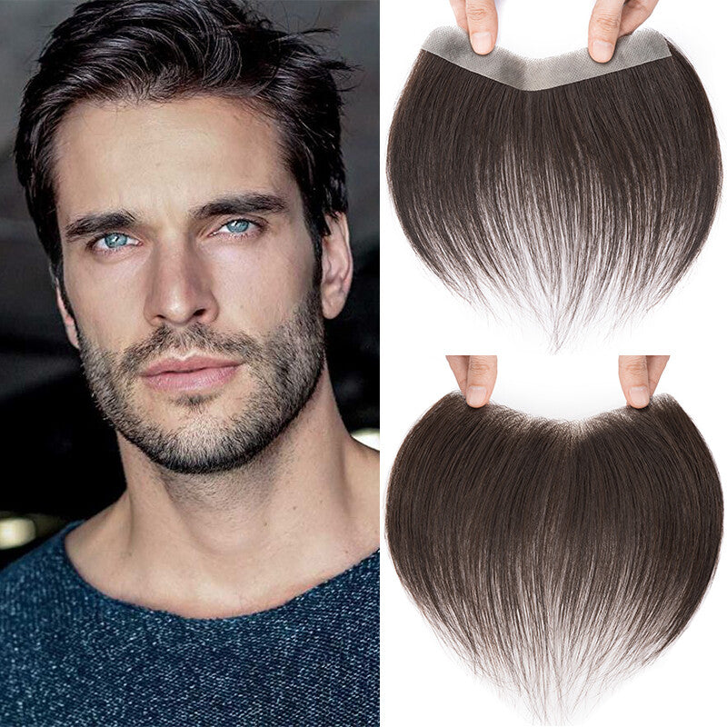Men's Hairline Toupee Frontal Hairpiece with V-Shape PU Thin Skin Base - Remy Human Hair