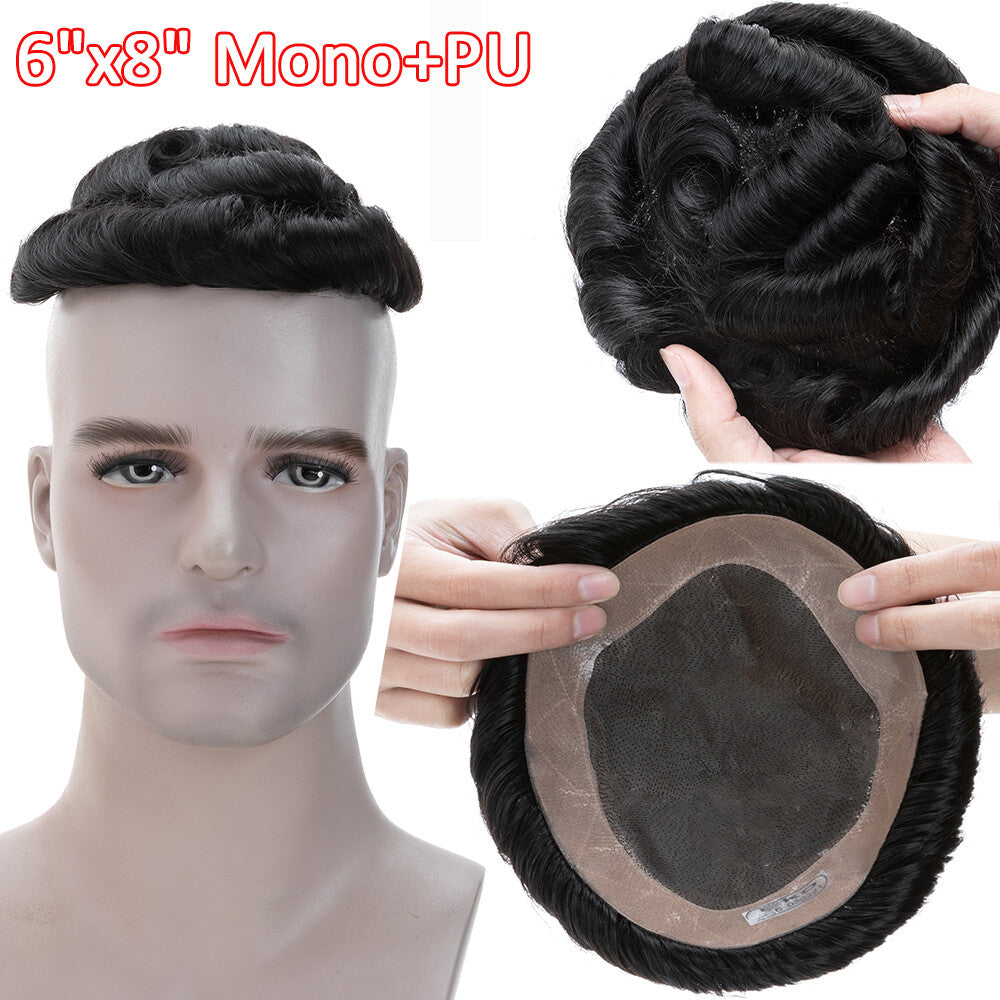 Men's Hair Replacement System Toupee with Skin-Like PU Base - Human Hair