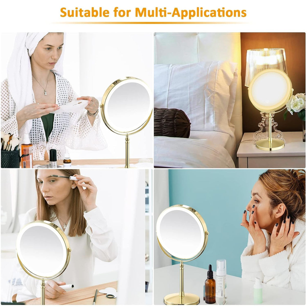 Rechargeable Lighted Makeup Mirror with 10X Magnification and 3 Lighting Modes - Gold