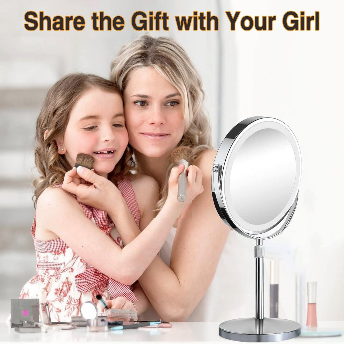 Makeup Mirror with Lights and 10X Magnification - Dimmable LED, Adjustable Height, 360° Rotation