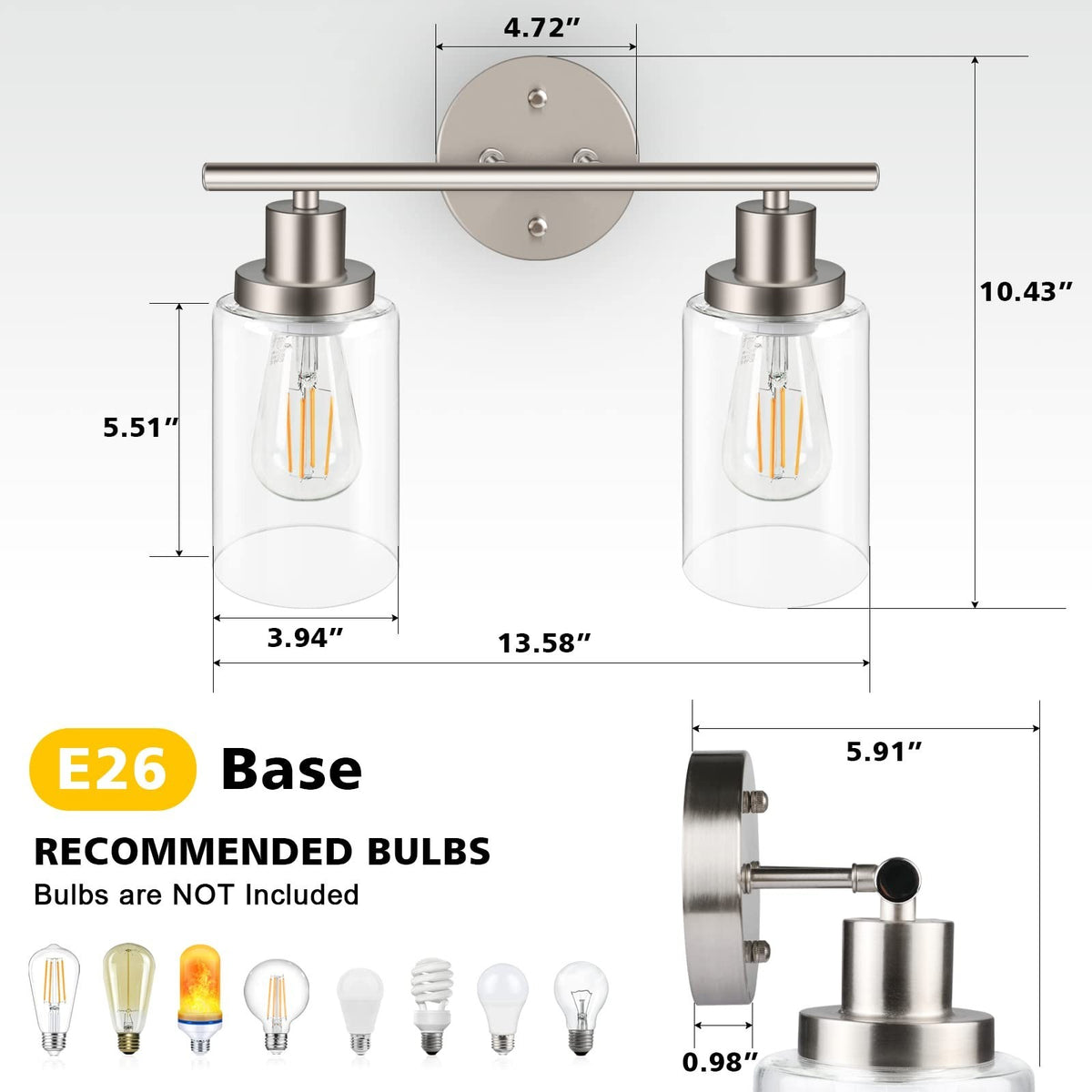 Unicozin 2-Light Modern Vanity Wall Sconce with Clear Glass Shade - Brushed Nickel Finish