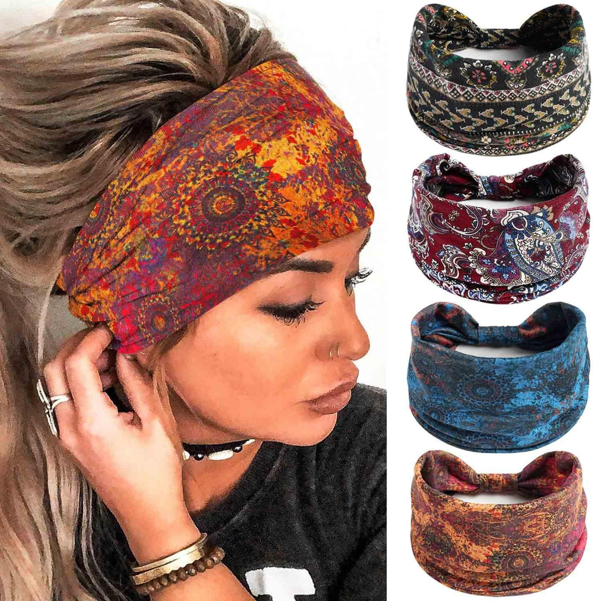 Wide Boho Headbands Floral Stretch Head Wraps 1 Count (Pack of 4),
