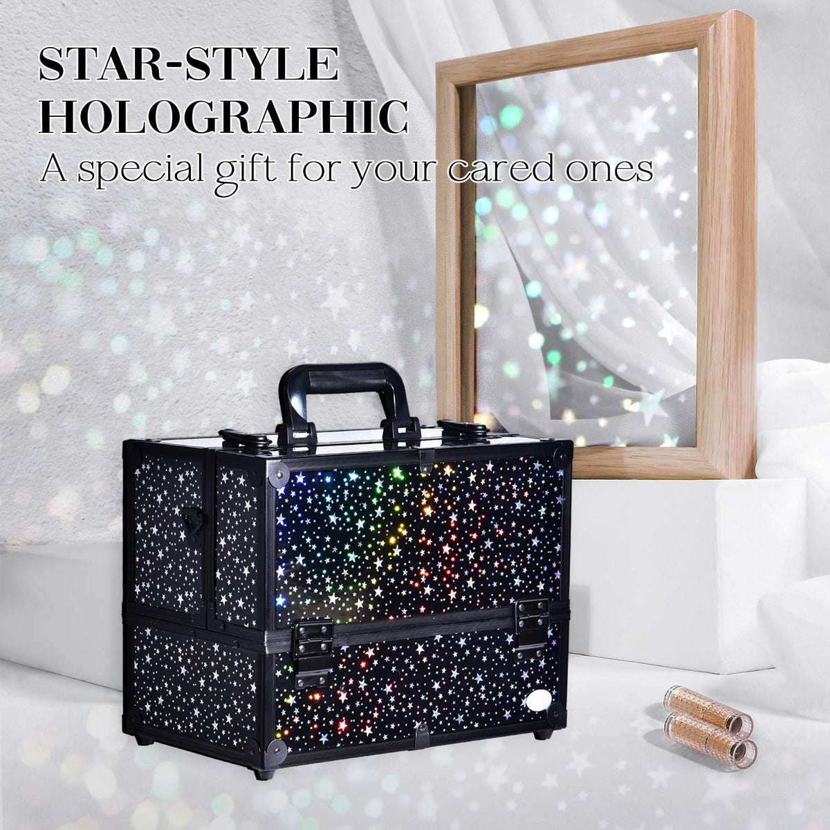 Large Makeup Train Case with 6 Adjustable Trays and Locking Lid - Professional Cosmetic Organizer