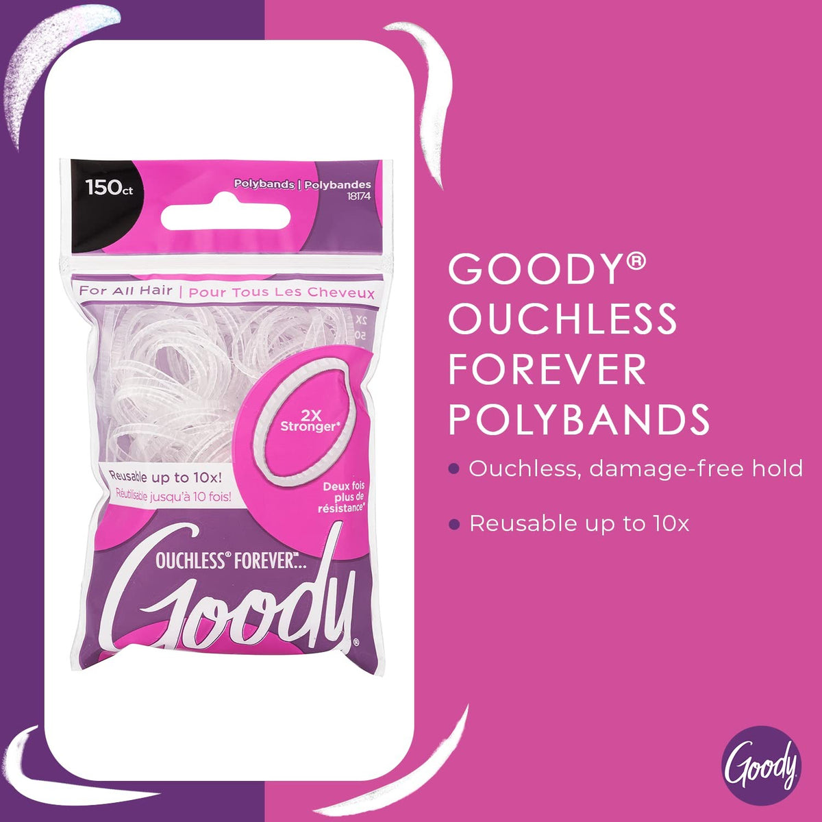 Goody Ouchless Forever Polyband Hair Ties, 150 Ct, Clear, Elastic