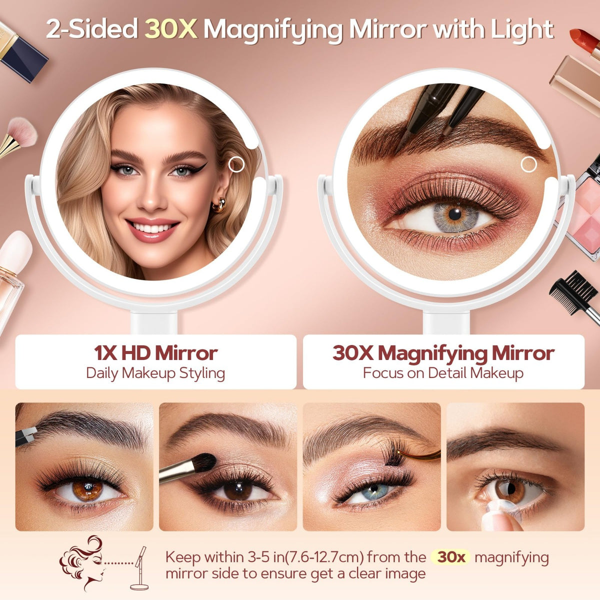 Rechargeable Illuminated Vanity Mirror with 30X Magnification & 3 Lighting Modes