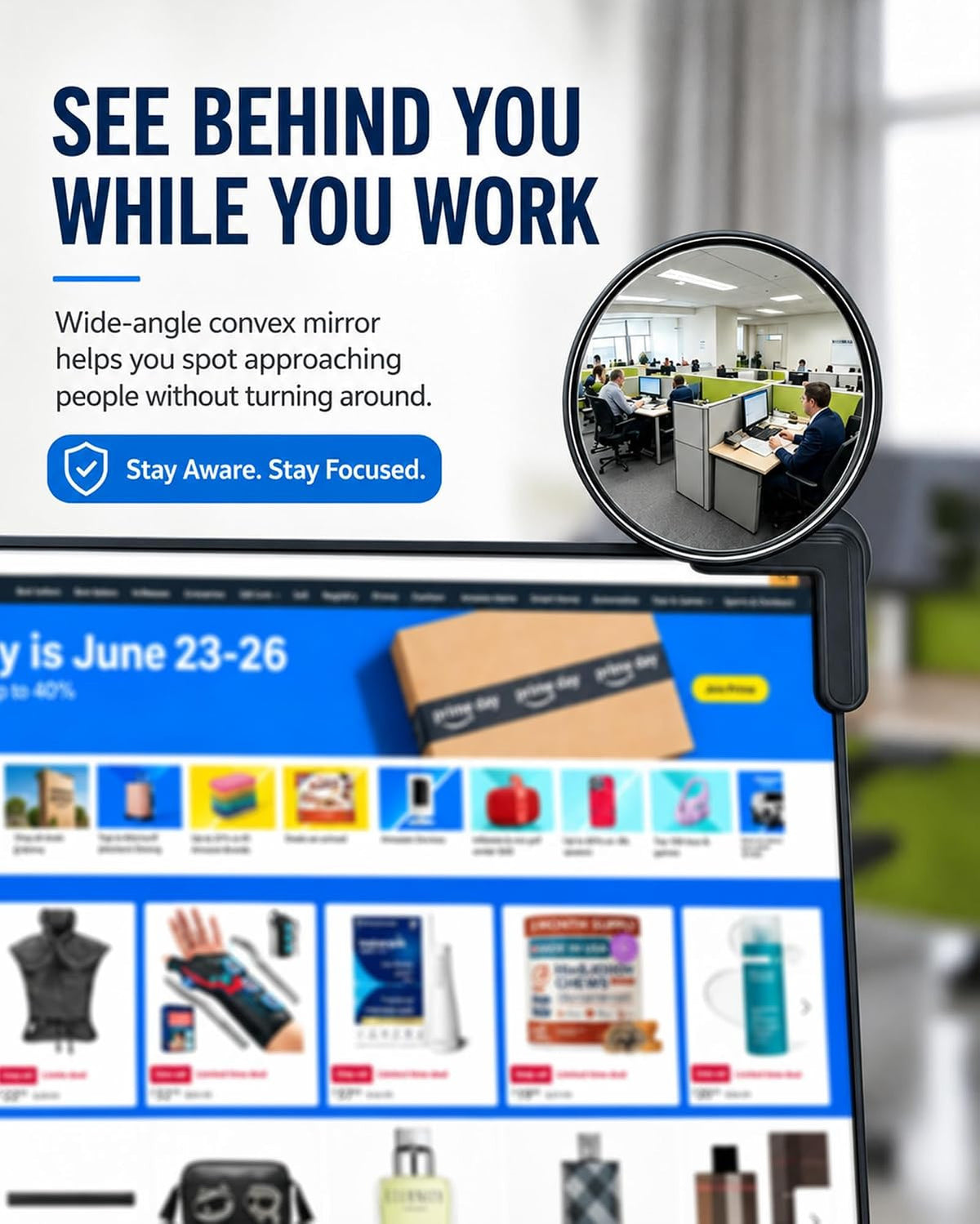 3.8 Inch Clip-On Convex Computer Monitor Mirror for Behind View