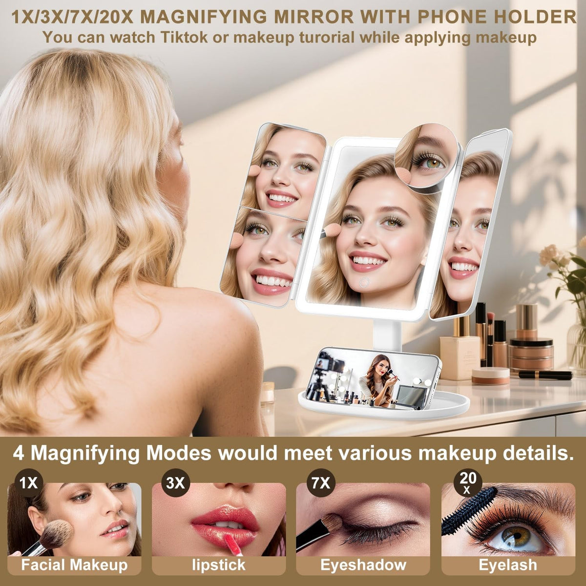 Magnifying Lighted Vanity Mirror 1X/3X/7X/20X with 3 Color Modes Rechargeable