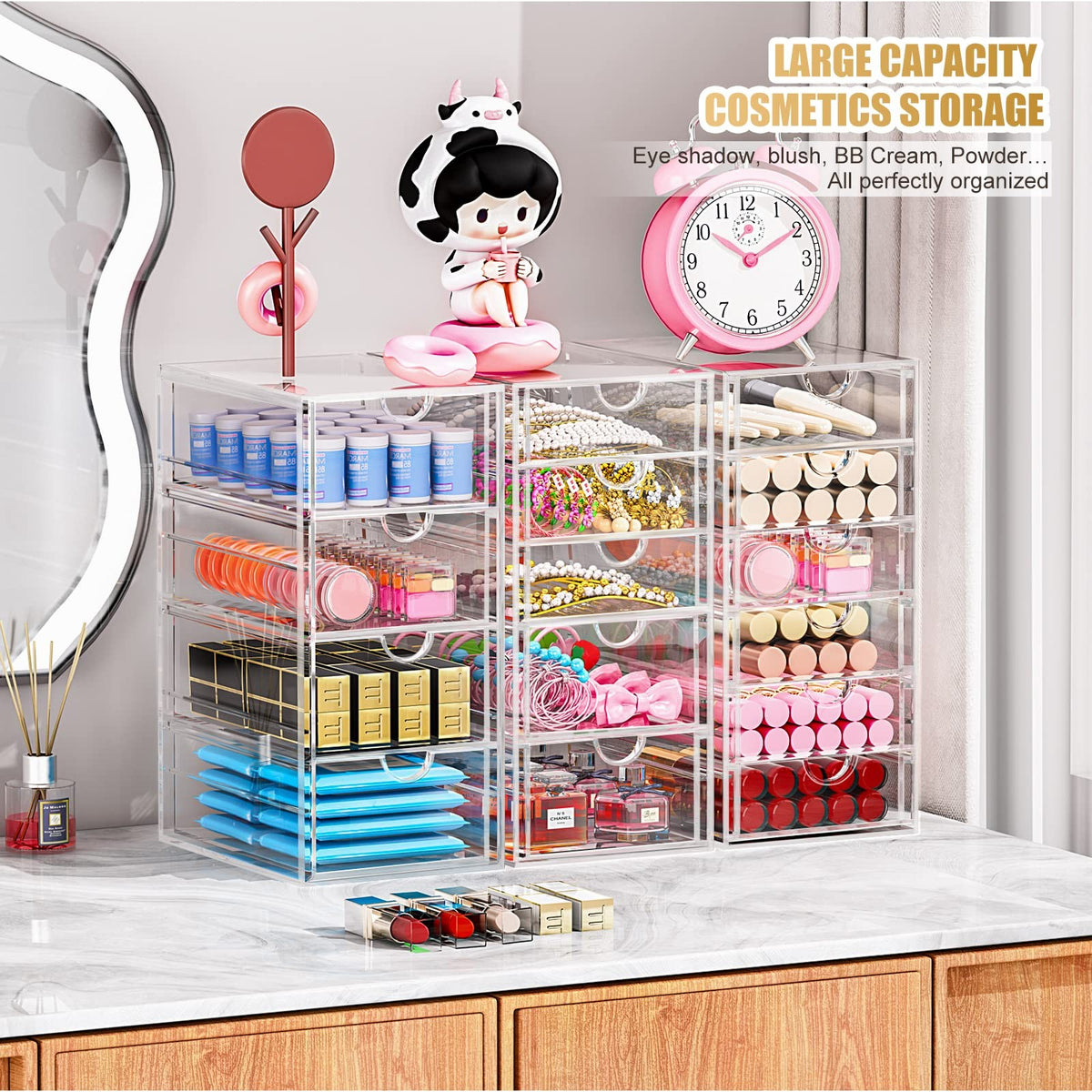 Acrylic 3-Pack Makeup & Jewelry Organizer with 15 Drawers - Clear Storage Bin