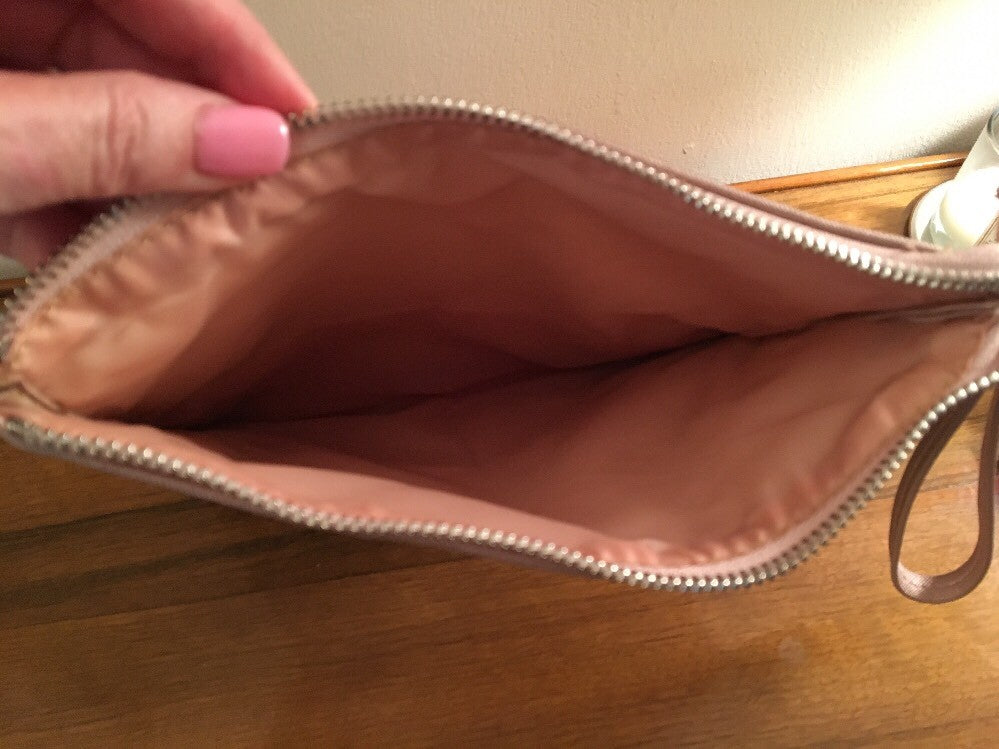 Metallic Rose Gold Faux Leather Makeup Bag - Slim Cosmetic Pouch with Zipper & Wristlet