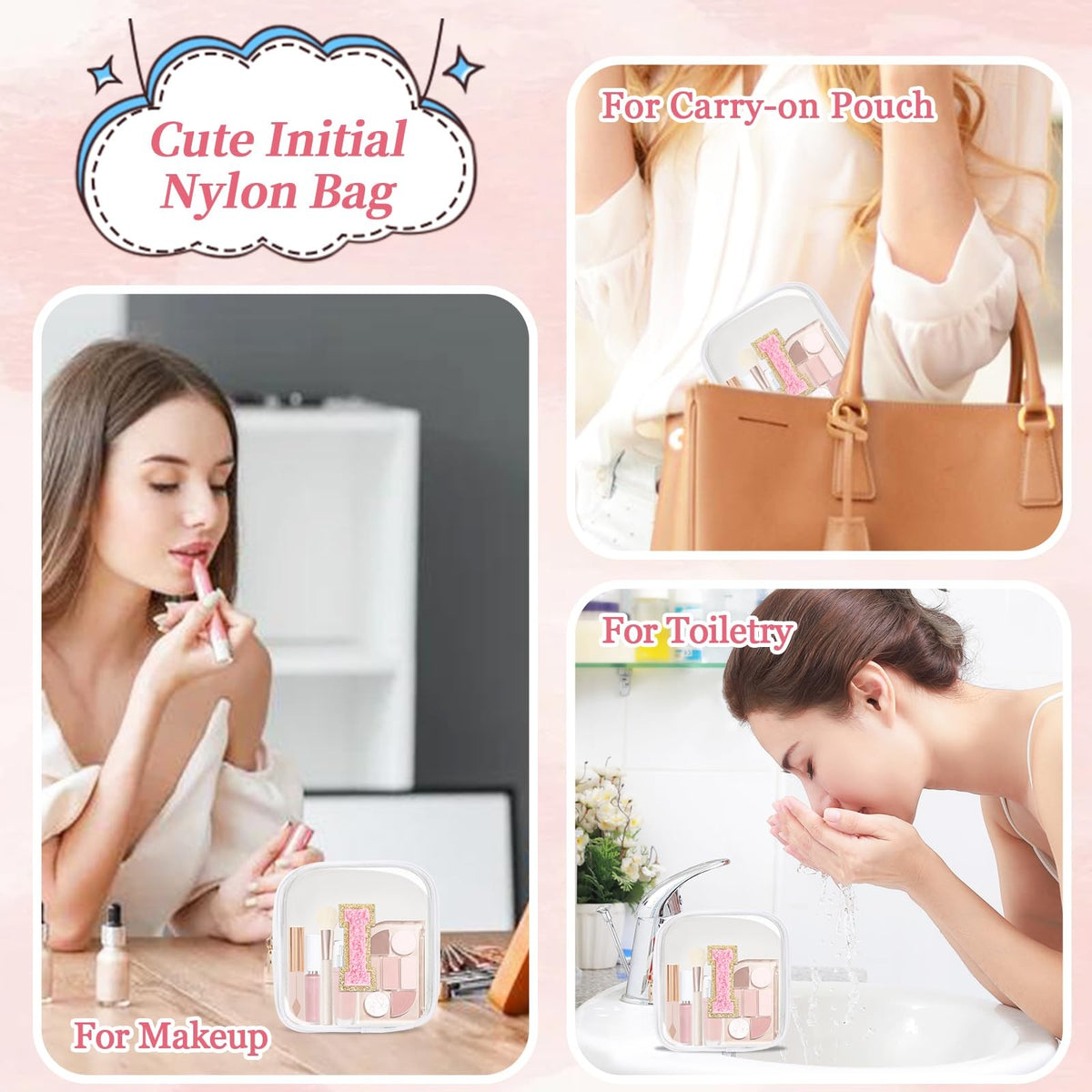 Personalized Clear Makeup Bag with Initials - Waterproof Nylon Compact Organizer