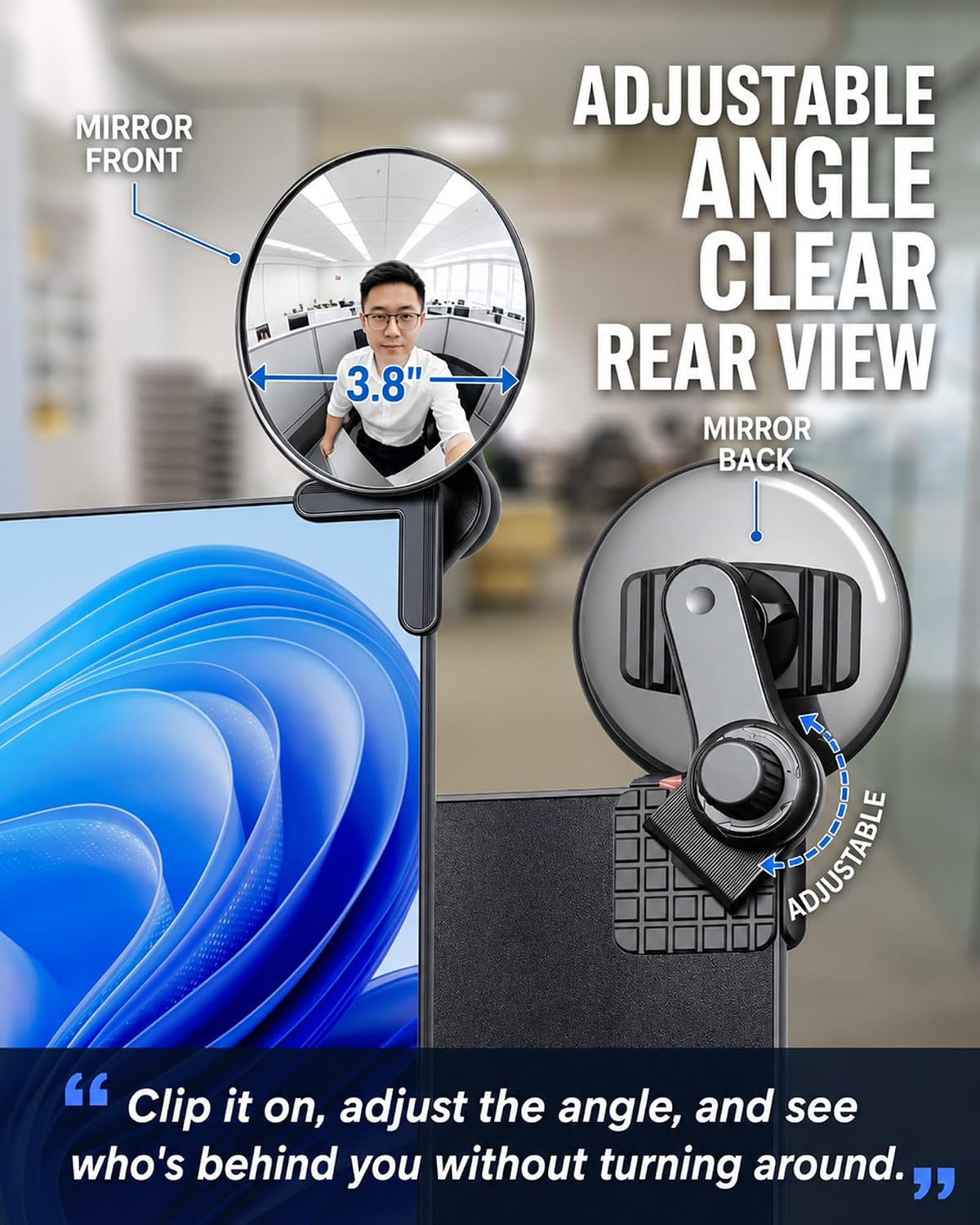 3.8 Inch Clip-On Convex Computer Monitor Mirror for Behind View