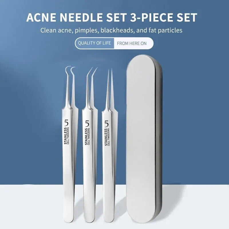 3PC Ultra-Fine Blackhead Remover Tweezer Set for Face Care - Salon Quality