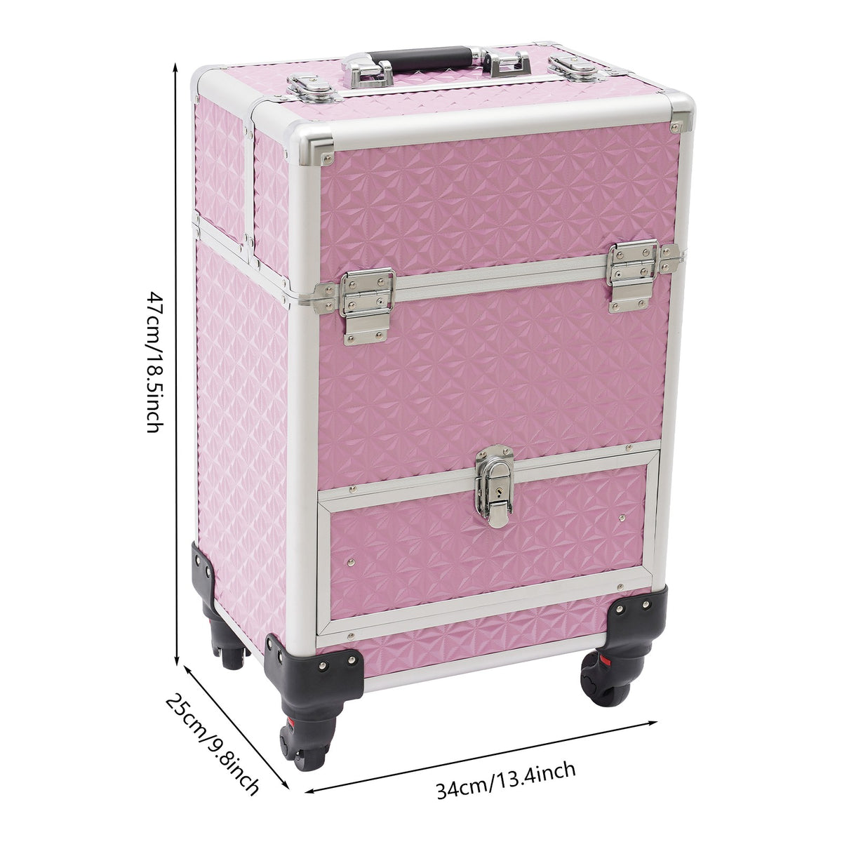 Pink Rolling Makeup Train Case with 7 Compartments and Lockable Drawers