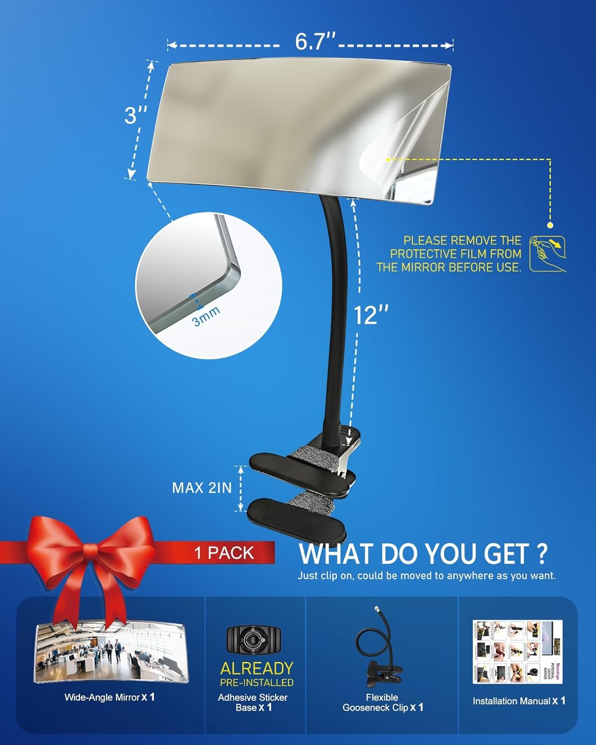6.7 x 3-Inch Convex Security Mirror Clip-On for Office Cubicles & Workspaces