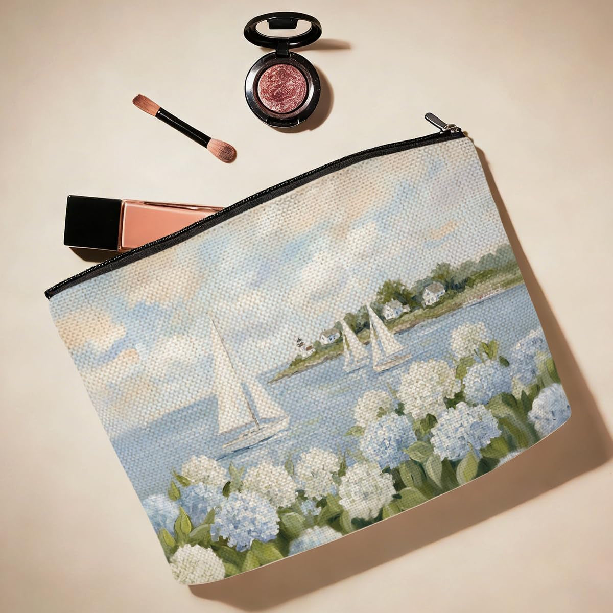 Watercolor Hydrangea Makeup Bag - Coastal Sailboat Floral Cosmetic Organizer