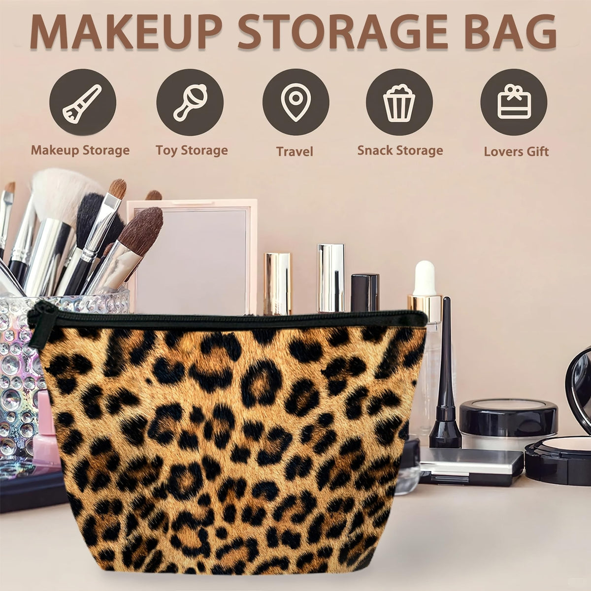Brown Leopard Print Makeup Bag - Portable Cosmetic Organizer for Women