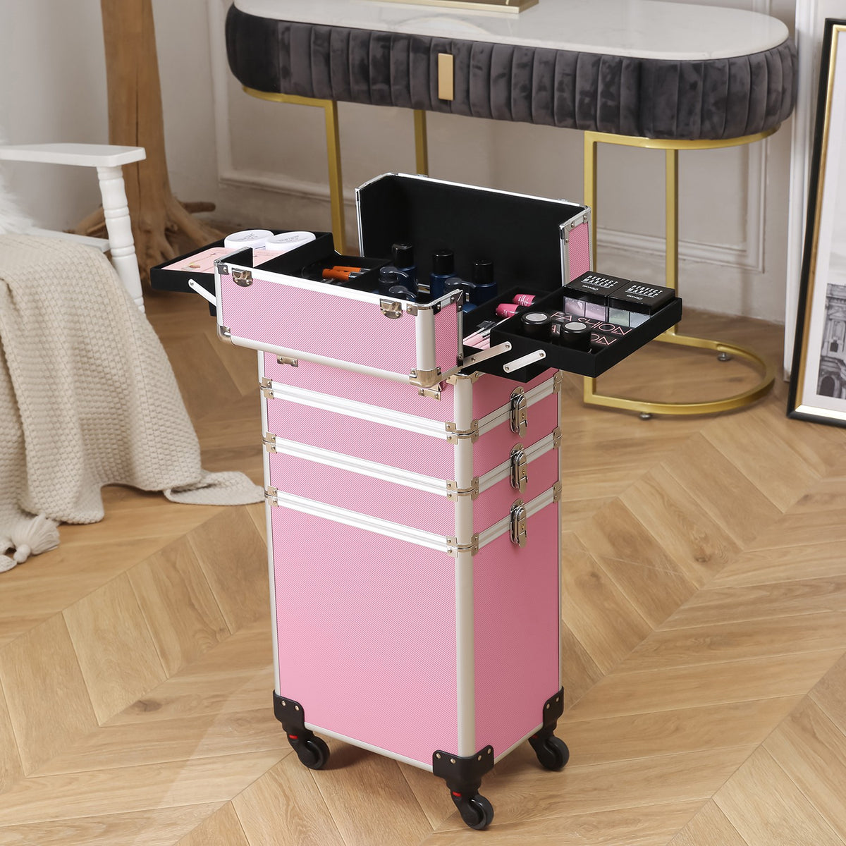 4 in 1 Aluminum Cosmetic Makeup Case with Wheels - Portable Tattoo Organizer