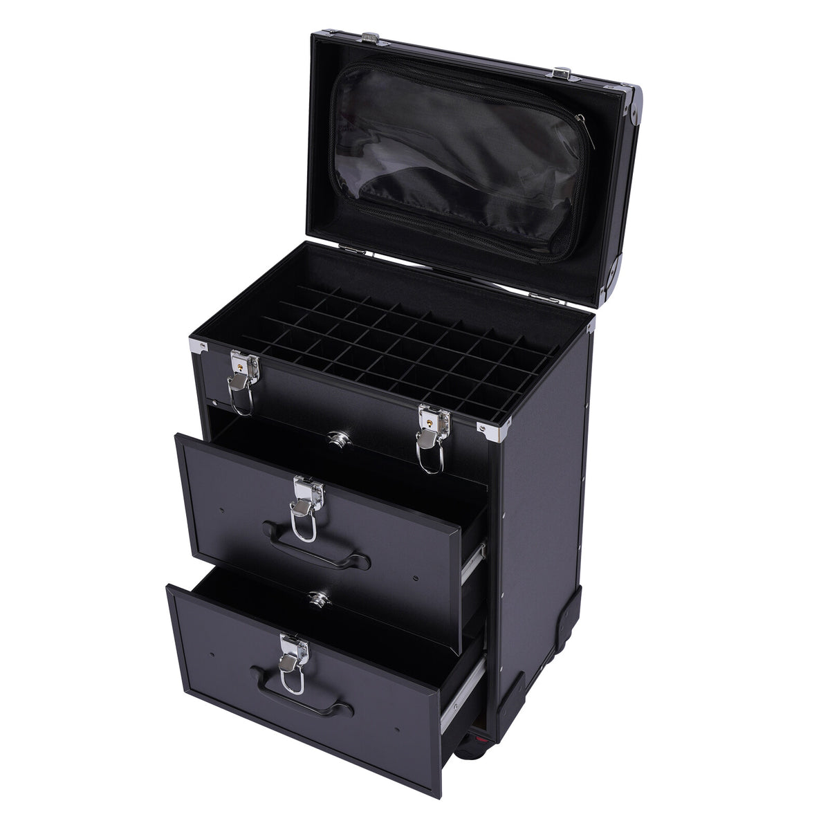 Rolling Makeup Train Case with 3 Layers and Locking Wheels - Professional Cosmetic Trolley Organizer