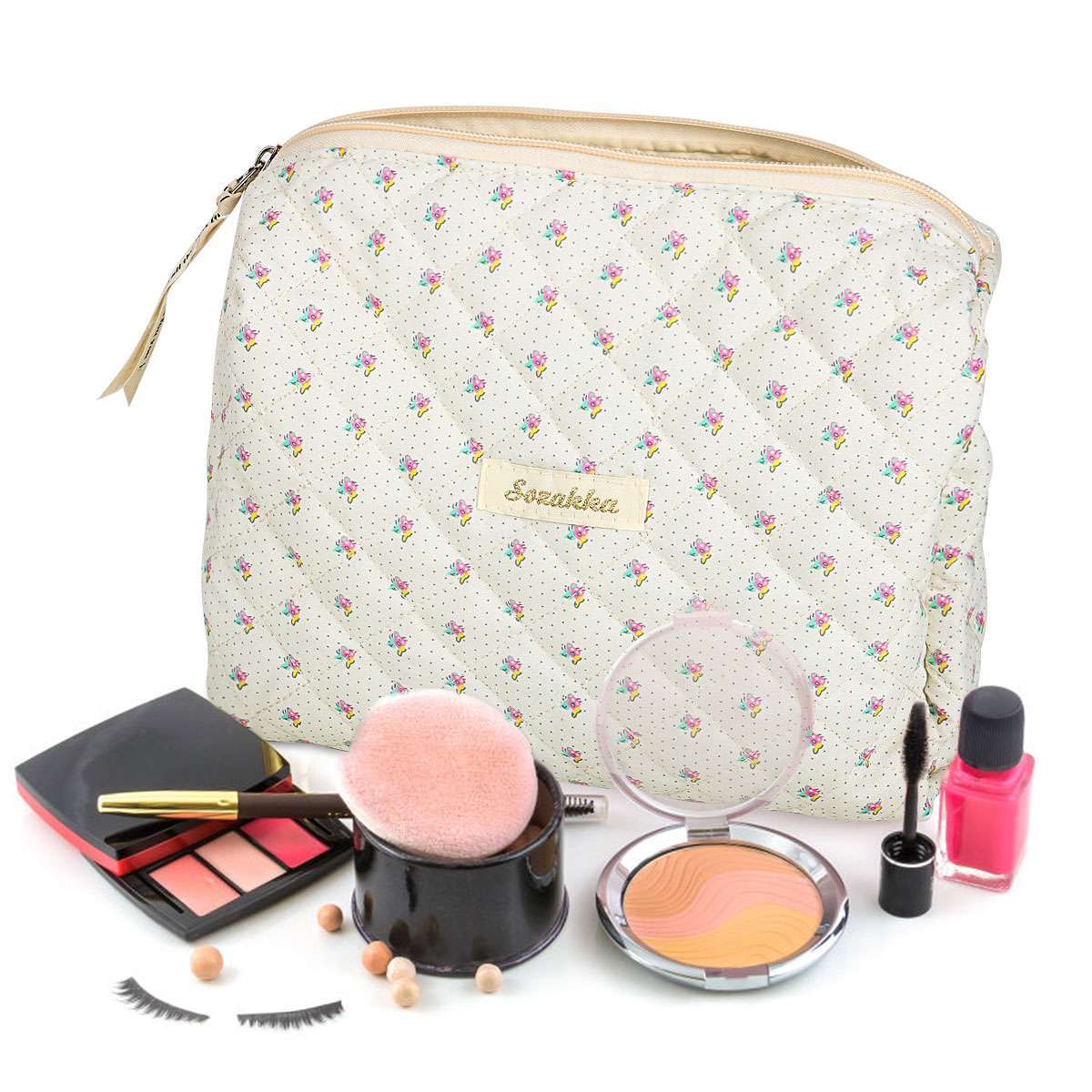 Elegant Travel Cosmetic Bag Organizer with Flower Pattern - Padded Toiletry Storage