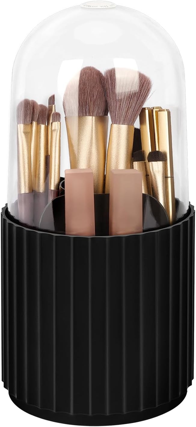 Rotating Makeup Brush Holder Organizer with Lid - 360° Spinning Cosmetics Storage