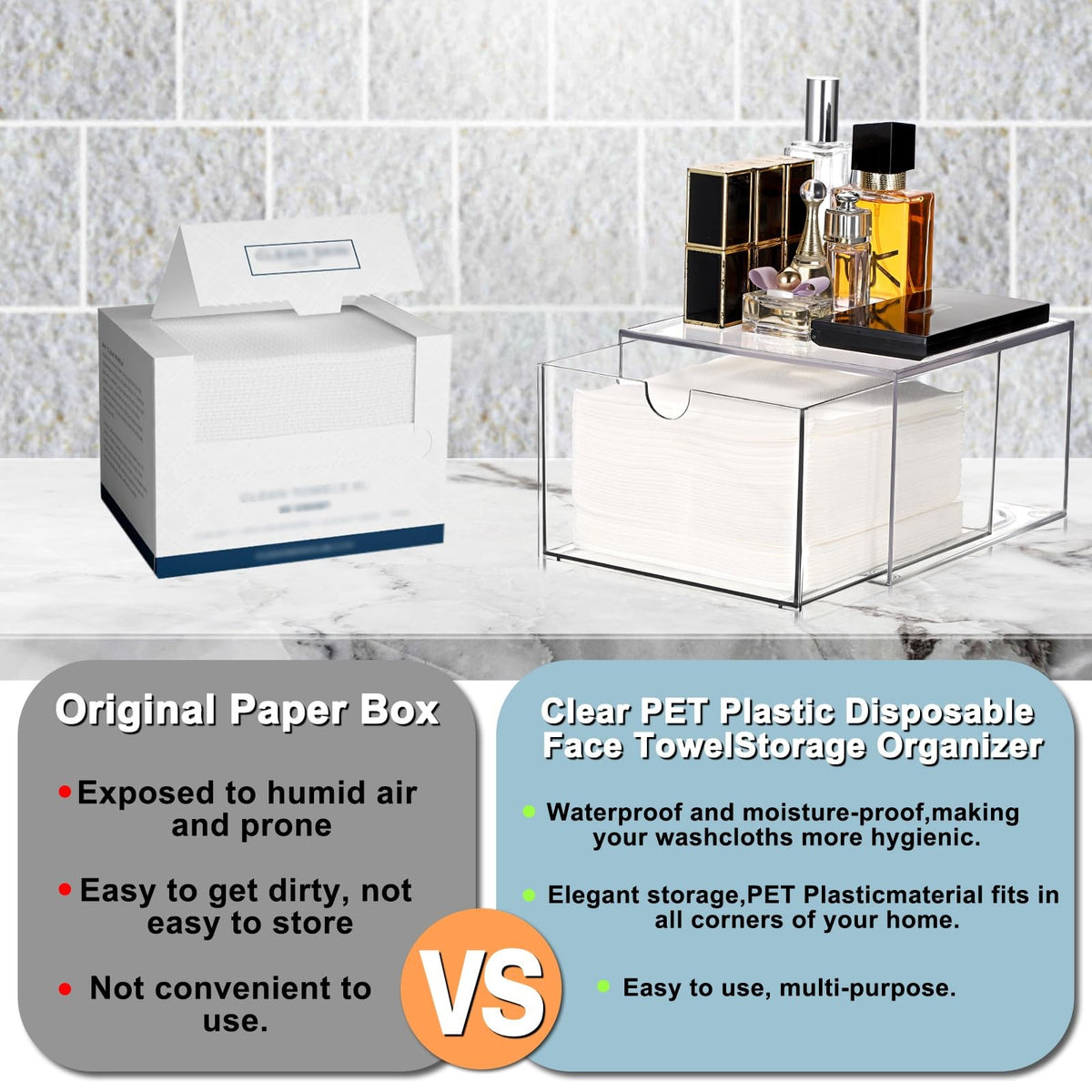 Disposable Face Towel Holder for Bathroom Vanity - Clear Plastic Storage Box