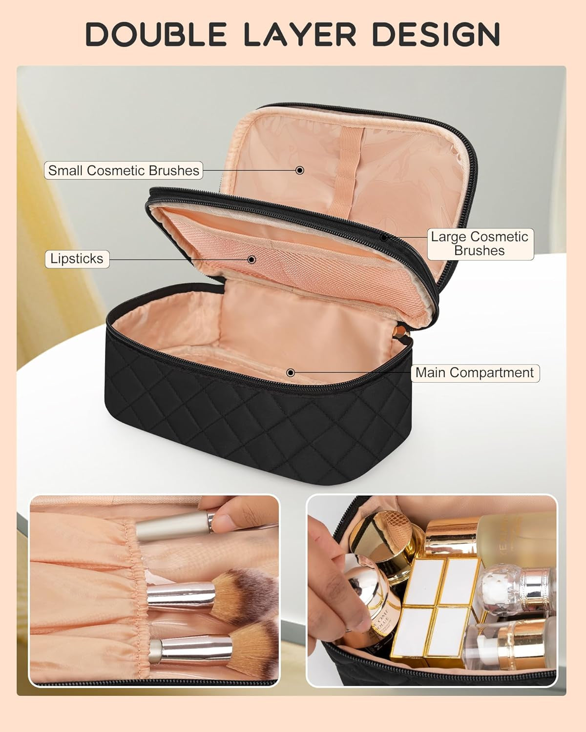 Small Travel Makeup Bag with Double Layer Organizer, Waterproof & Portable