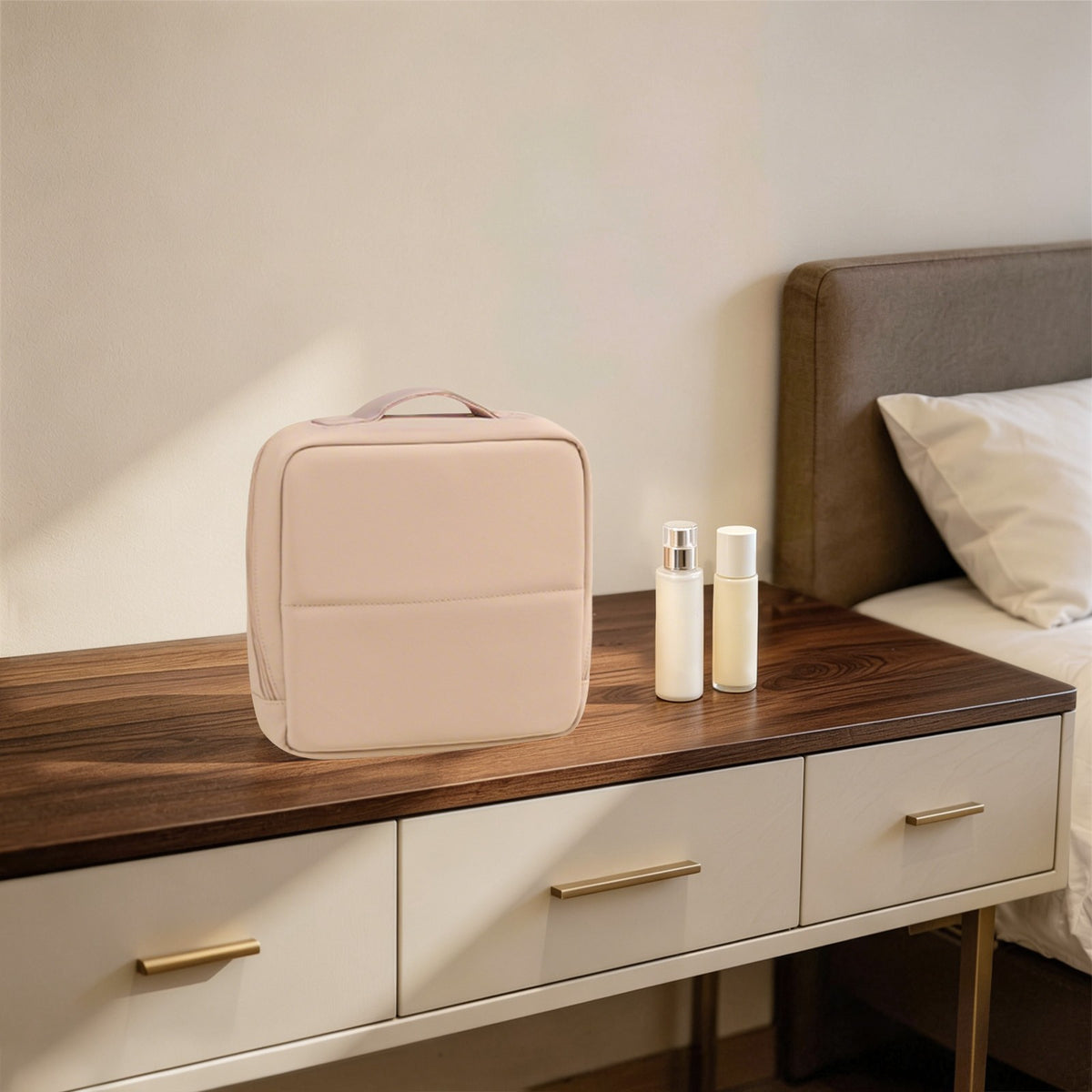 Large Stand-Up PU Cosmetic Bag with Multi-Layered Interior & Handle