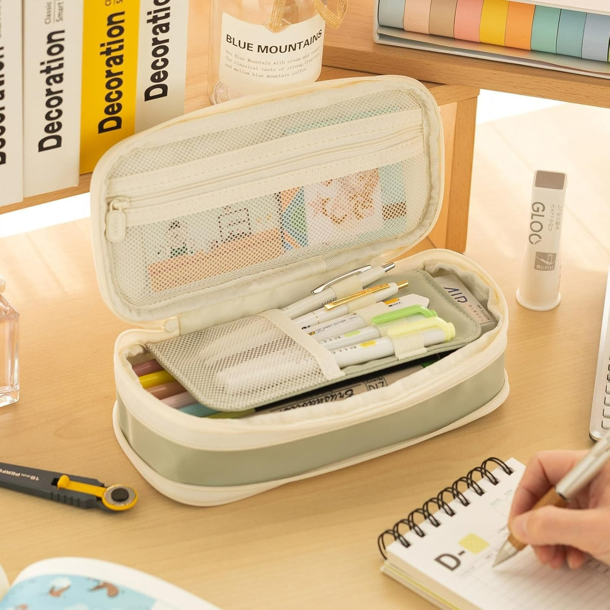 Large Capacity Green Pencil Case for Girls - Expandable Zipper Pouch 8.66x4.13in