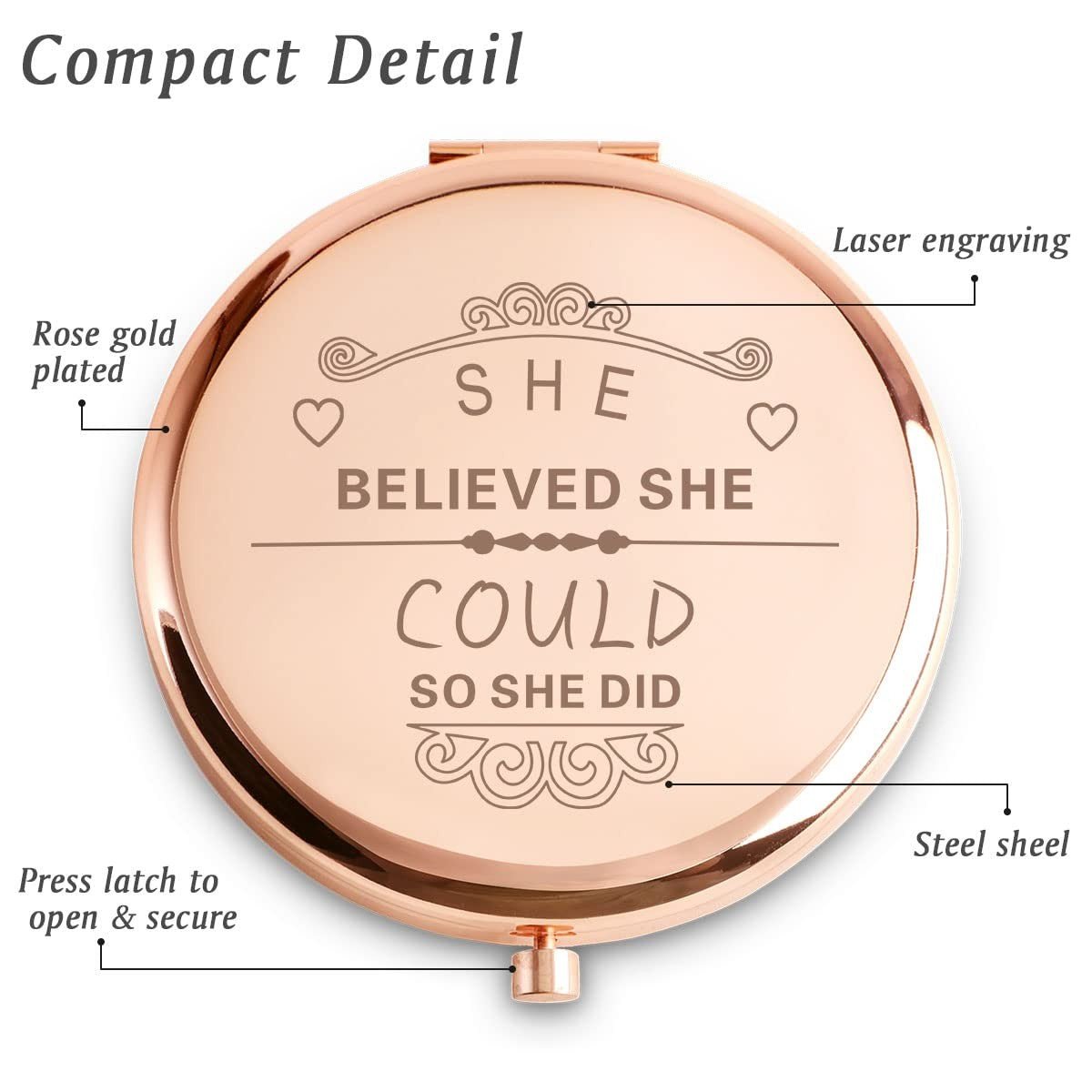 Personalized Compact Mirror for Women with Engraved Quote - She Believed She... Did