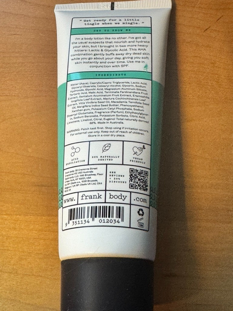 FRANK BODY Smoothing AHA Lotion - Exfoliate Hydrate FULL SIZE 4.73oz