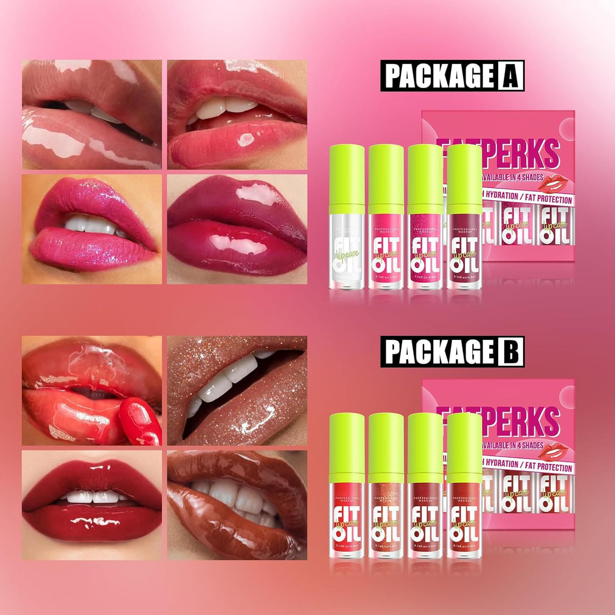 Lip Oil Kit - 4 Color Hydrating Lip Glaze with Large Brush Head