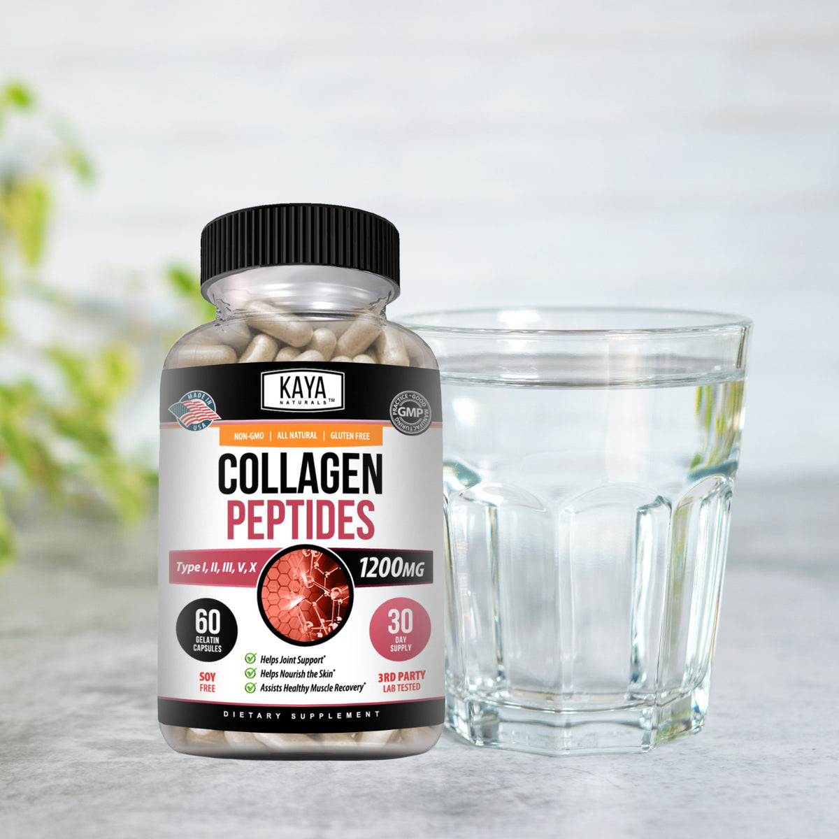 Collagen Peptides Capsules with Hyaluronic Acid - Types I, II, III, V, X 1200mg - 60 Capsules