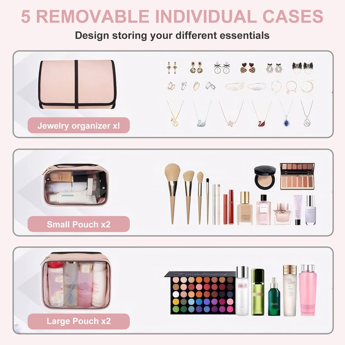 Large Travel Makeup Organizer Bag with 2 Removable Cases - Pink