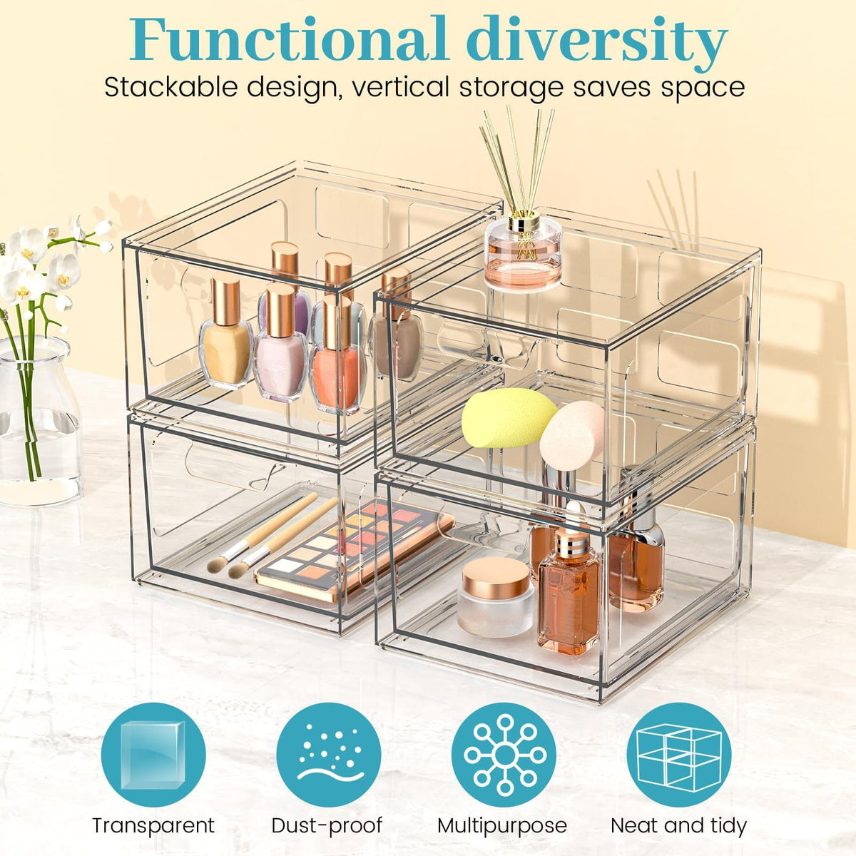 Stackable Clear Plastic Makeup Organizer Drawers with Handles