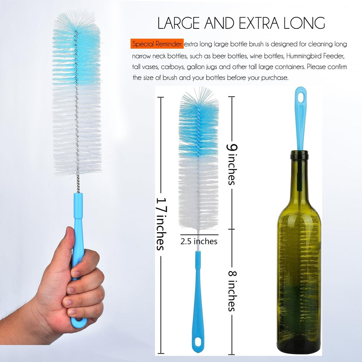 Extra Long Bottle Cleaning Brush - 17 Inch Narrow Neck & Decanter Cleaner