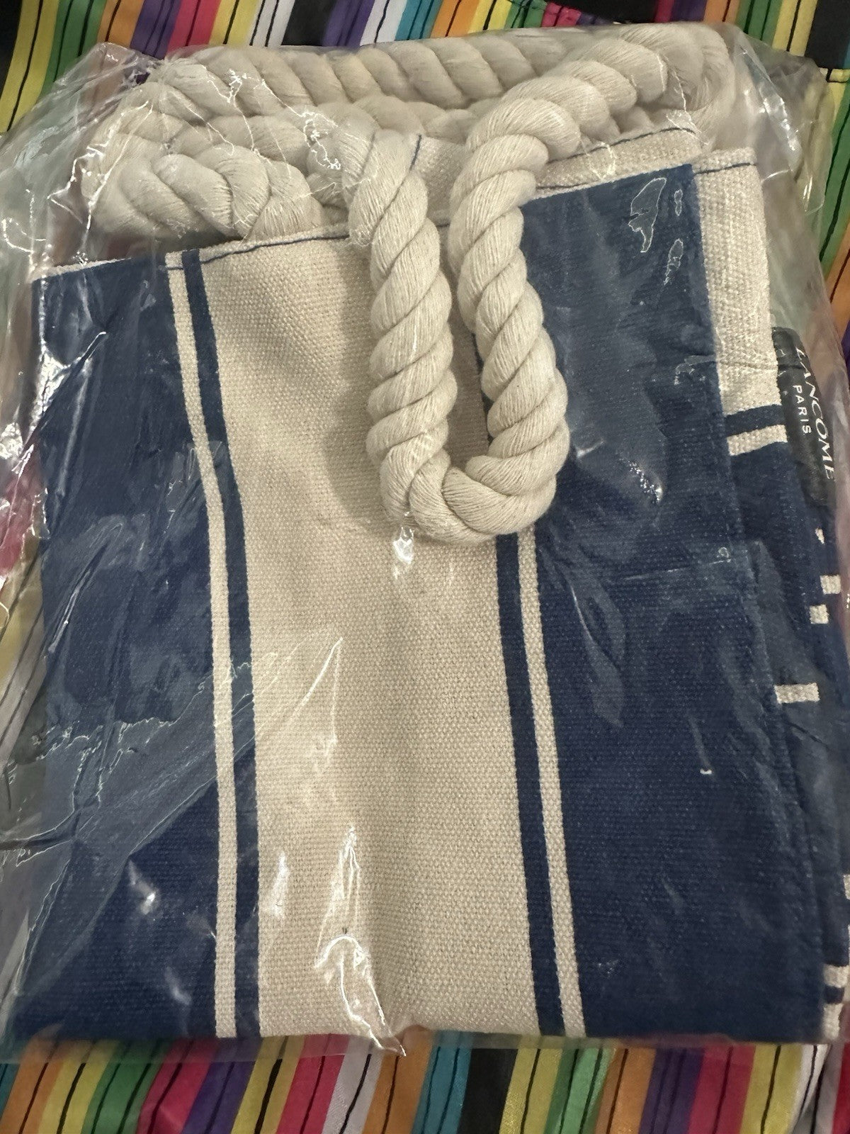 Large Nautical Canvas Tote Bag - Navy Blue & White Striped Shopping Purse
