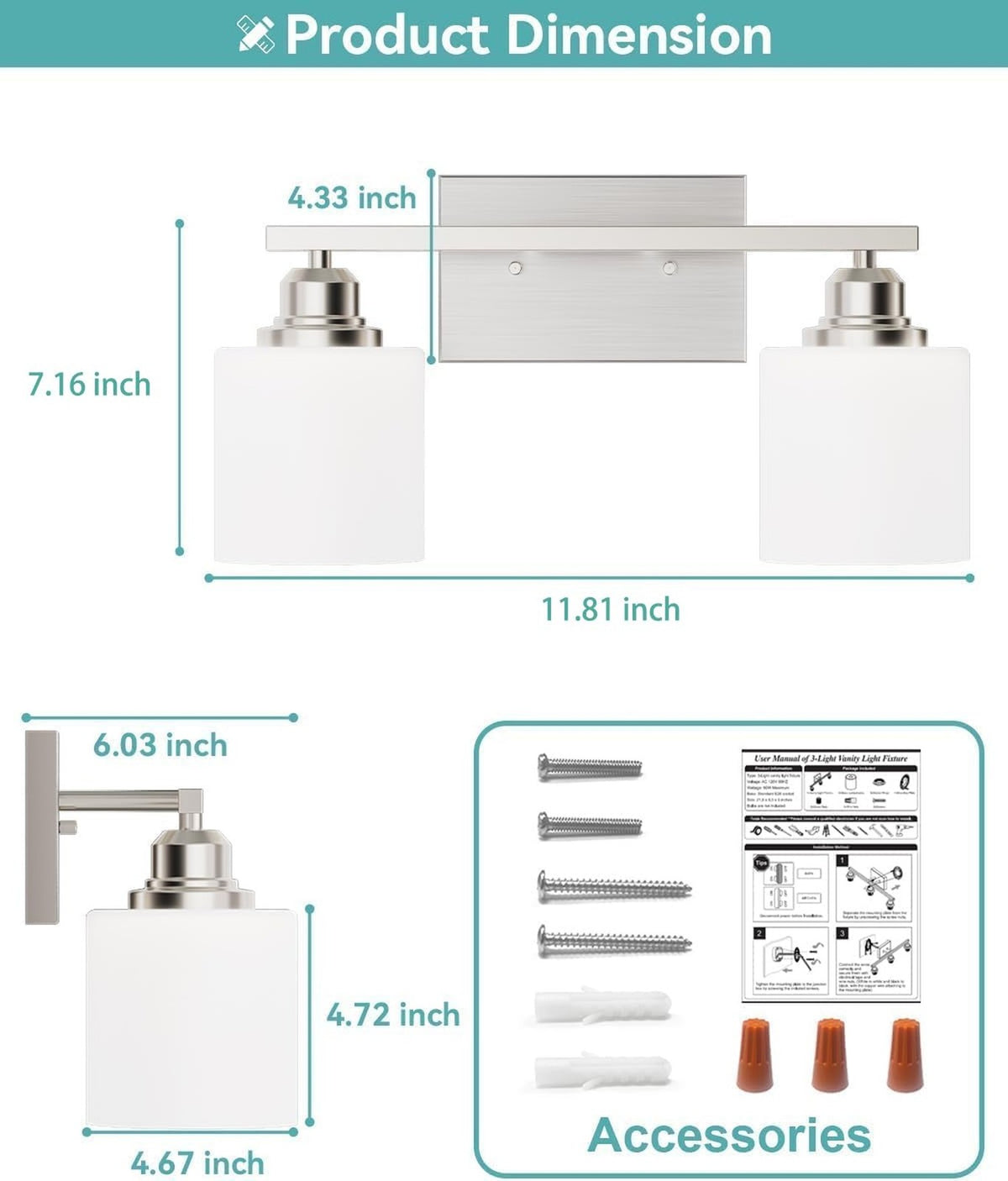 2-Light Bathroom Vanity Light Fixture, Brushed Nickel Modern Wall Sconce with White Glass Shades