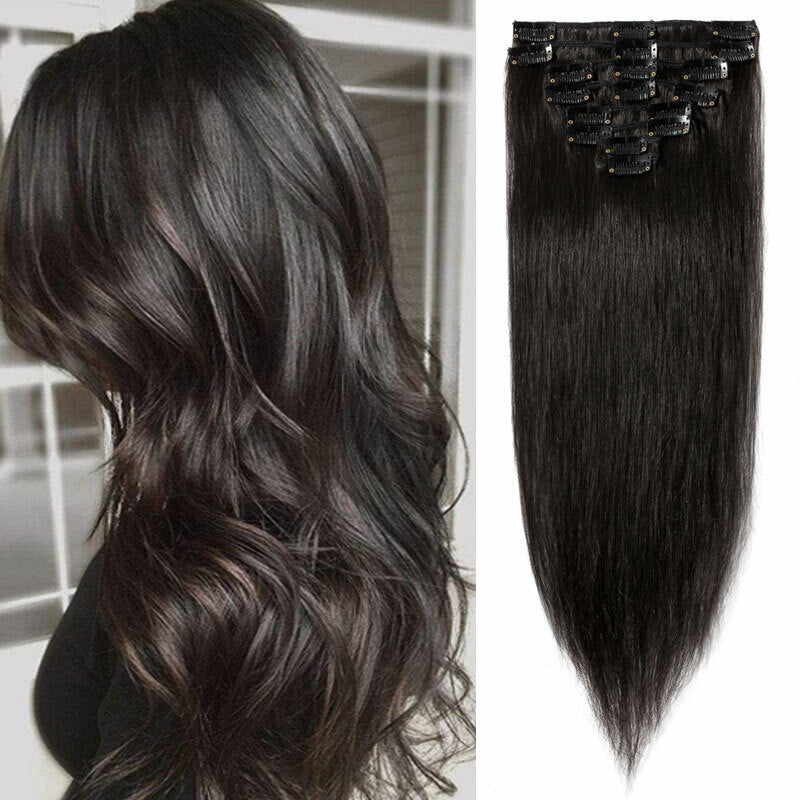 Clip-In Human Hair Extensions Full Head - Virgin Remy, Multiple Colors & Lengths