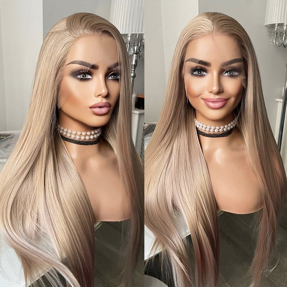 Long Straight Ash Blonde Lace Front Wig - Glueless, Heat Resistant Synthetic Hair