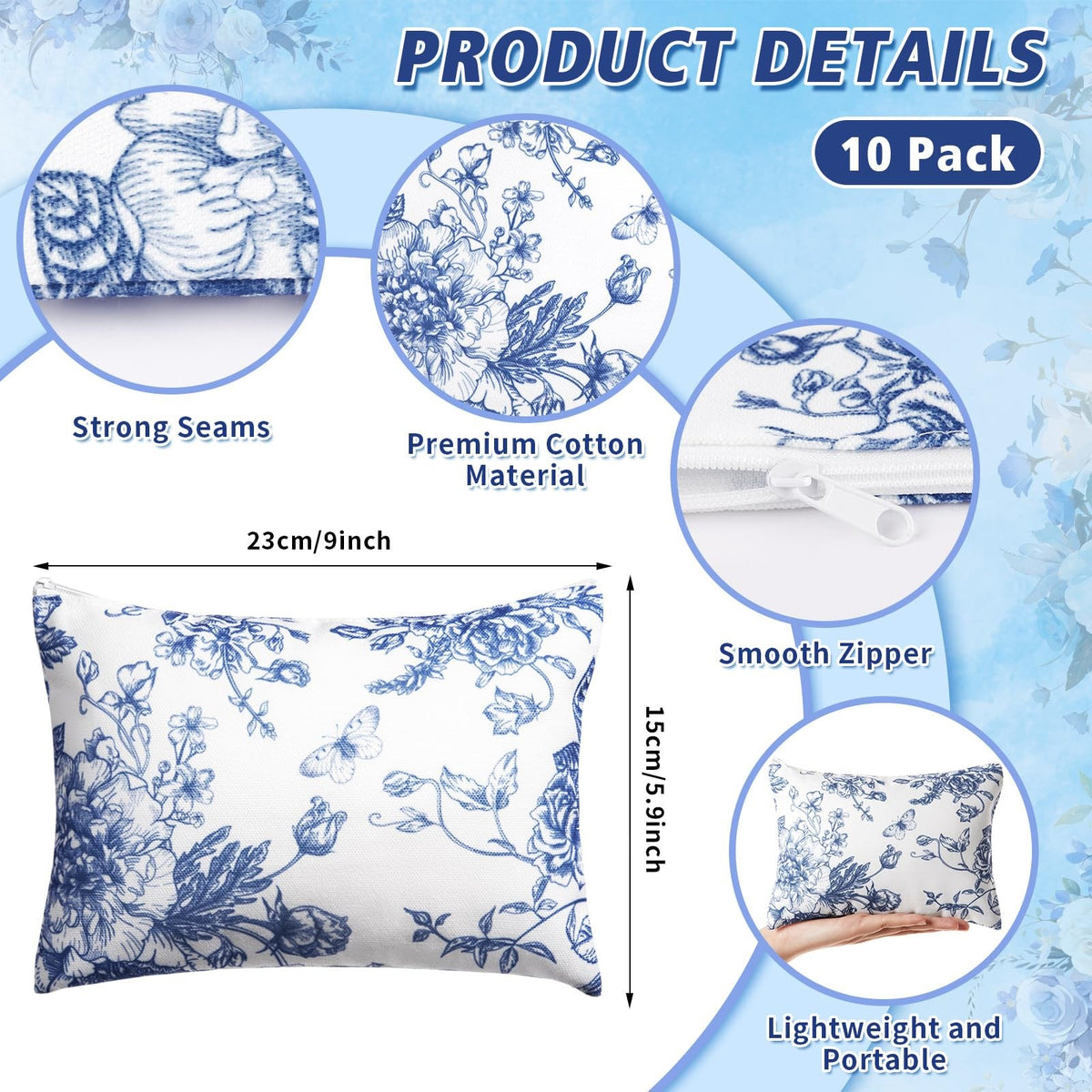 Floral Makeup Bags Set of 10 - Travel Cosmetic Organizer, Blue