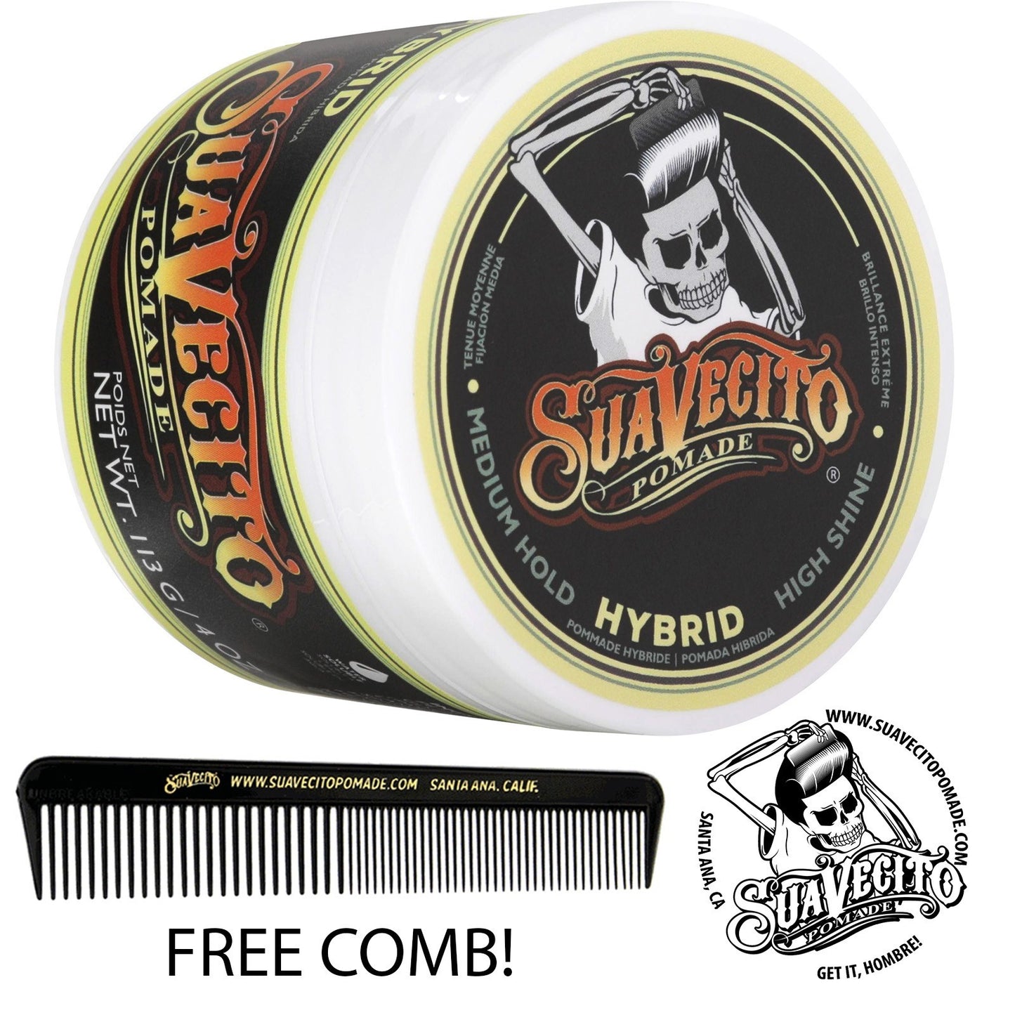 Suavecito Hybrid Pomade 4 oz. Water & Oil Based Styling Gel for All Hair Types